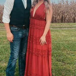 VICI Deep V Maroon Red Long Ruffled Maxi Dress